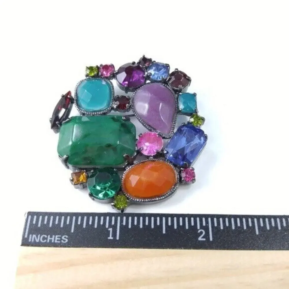 Purple Blue Green Faceted Rhinestones Jewel Colors Cabochons Brooch, 2 Inches
